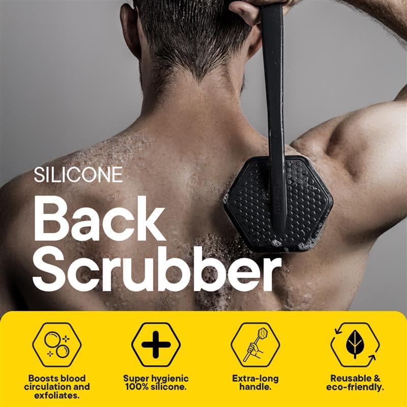 TOOLETRIES Silicone Back Scrubber with Hook - Exfoliating Shower Brush, Back Washer for Men, Durable Back Brush with Long Handle - Long Lasting Bath & Shower Accessories - Charcoal - Image 4